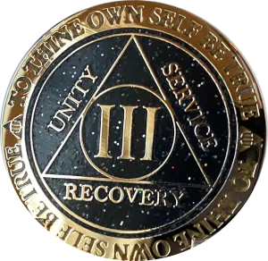 3 Year AA Medallion Reflex Milky Way Glitter Black Gold Plated Sobriety Chip