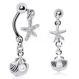 316L Stainless Steel Starfish and Pearl Seashell Double Dangle Navel Ring