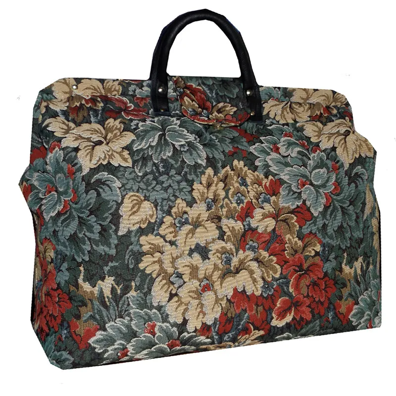 BLUE & MULTICOLOR LEAFY FLORAL TAPESTRY CARPET BAG