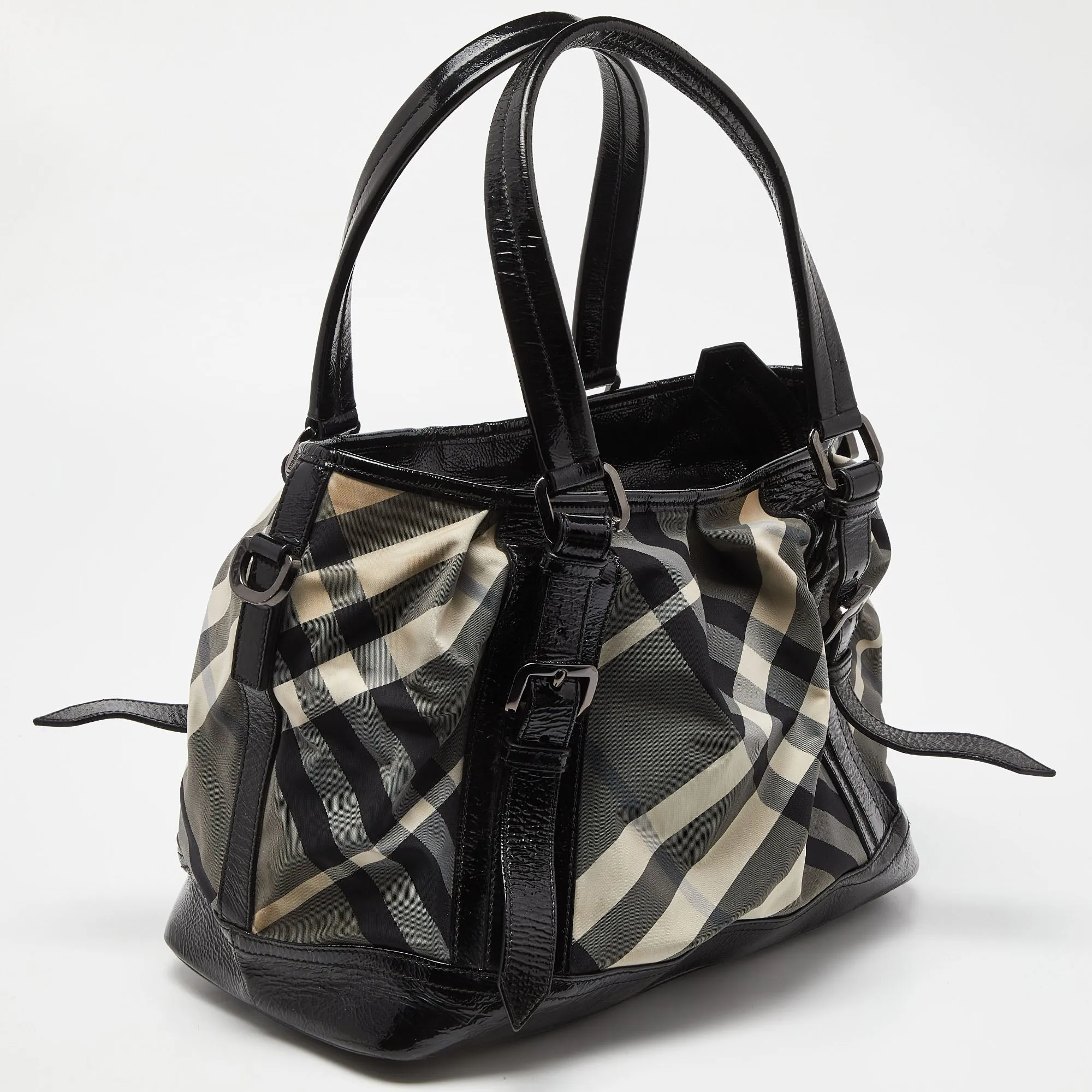 BURBERRY Black/Grey Beat Check Canvas and Patent Leather Lowry Tote