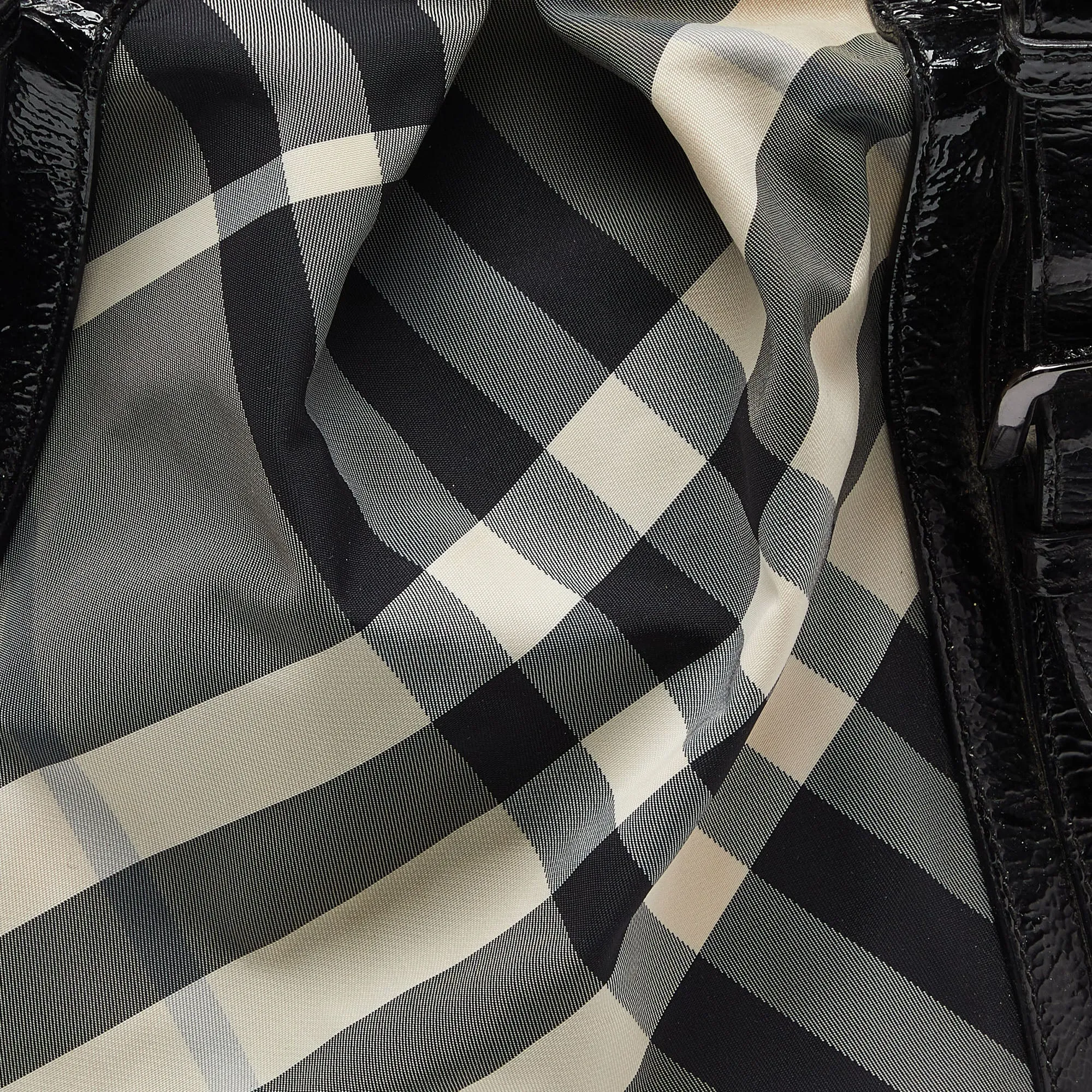 BURBERRY Black/Grey Beat Check Canvas and Patent Leather Lowry Tote