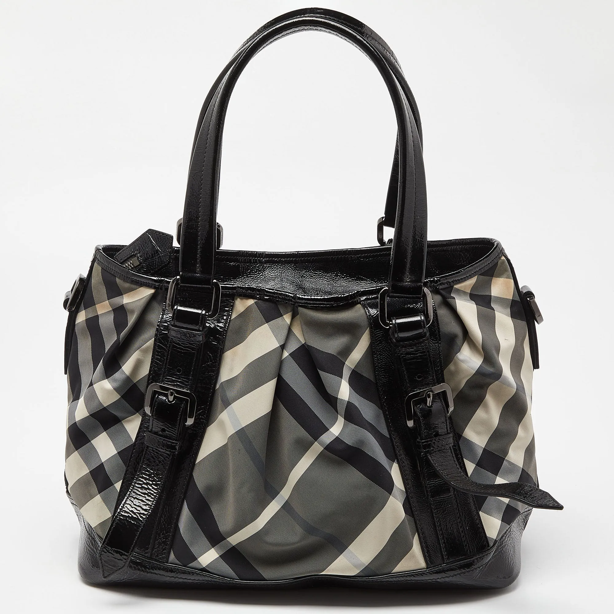 BURBERRY Black/Grey Beat Check Canvas and Patent Leather Lowry Tote