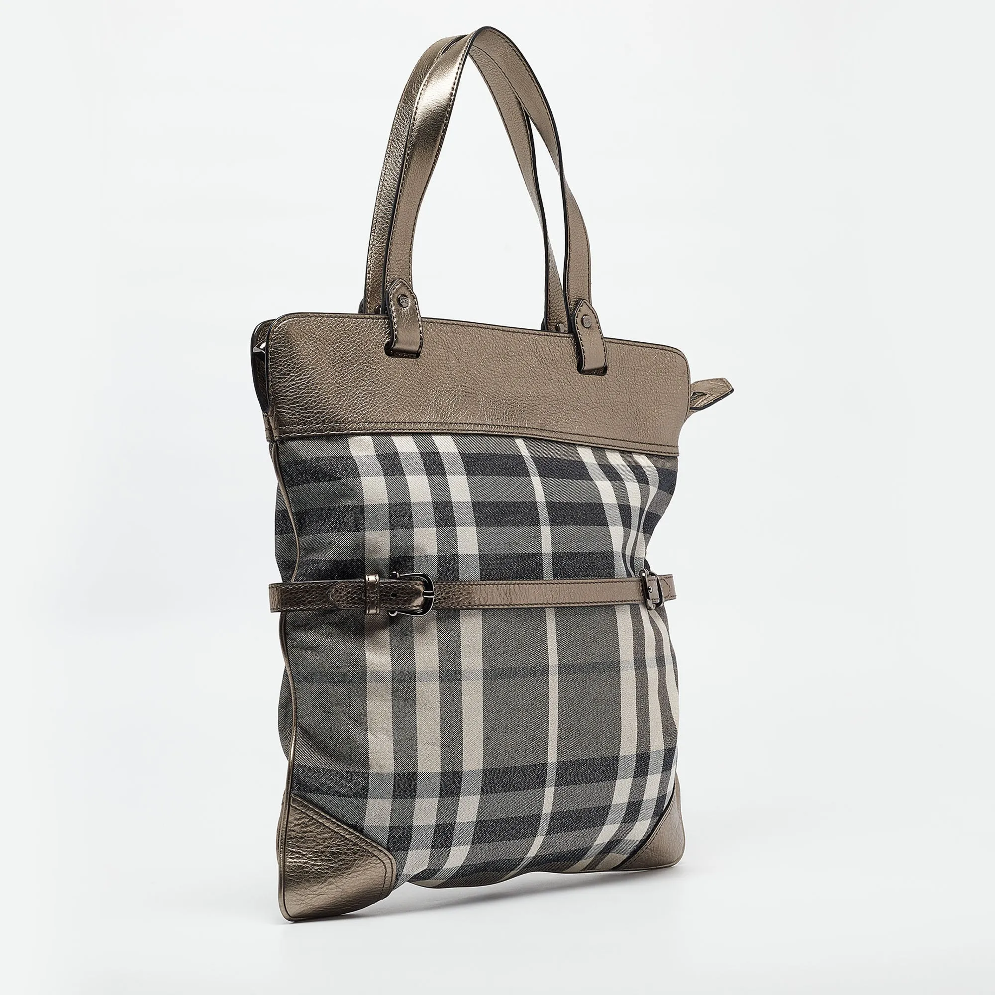 BURBERRY Metallic House Check Canvas and Leather Flat Tote