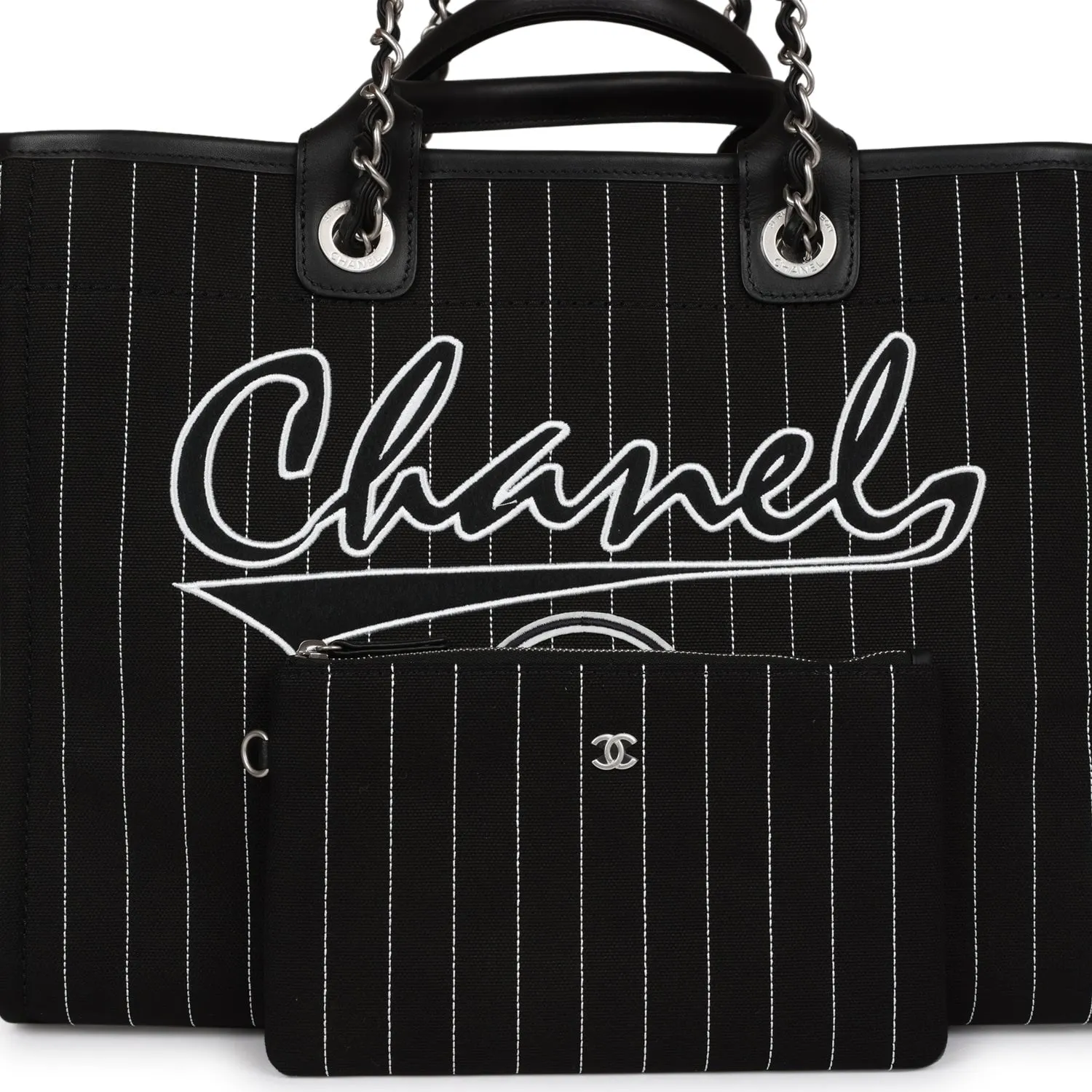 Chanel Large Deauville Tote - Black and White Pinstripe with Ruthenium Hardware