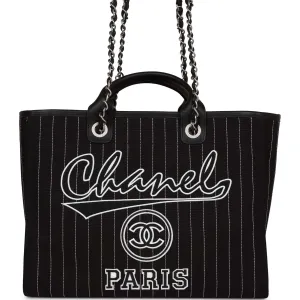 Chanel Large Deauville Tote - Black and White Pinstripe with Ruthenium Hardware