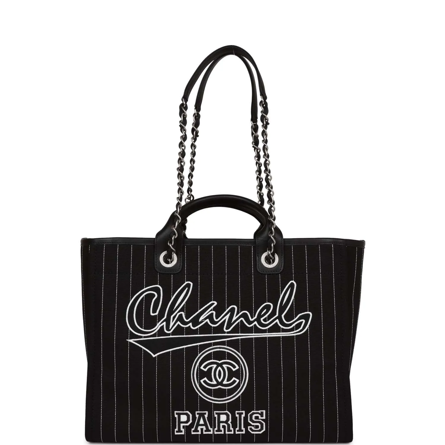 Chanel Large Deauville Tote - Black and White Pinstripe with Ruthenium Hardware