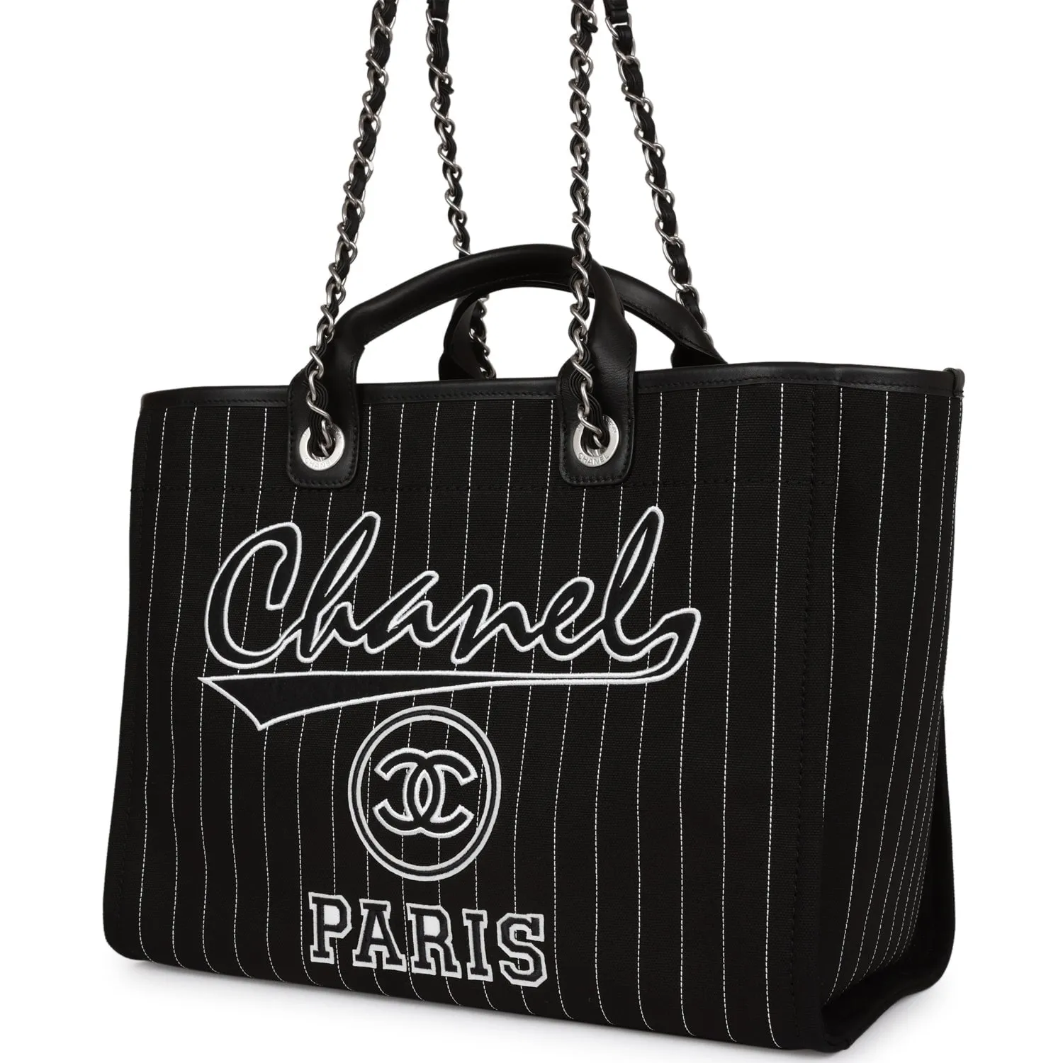 Chanel Large Deauville Tote - Black and White Pinstripe with Ruthenium Hardware