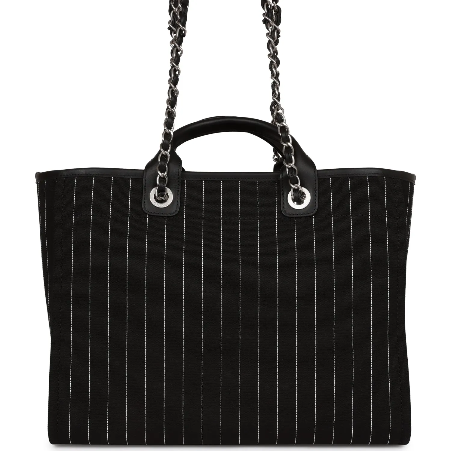 Chanel Large Deauville Tote - Black and White Pinstripe with Ruthenium Hardware