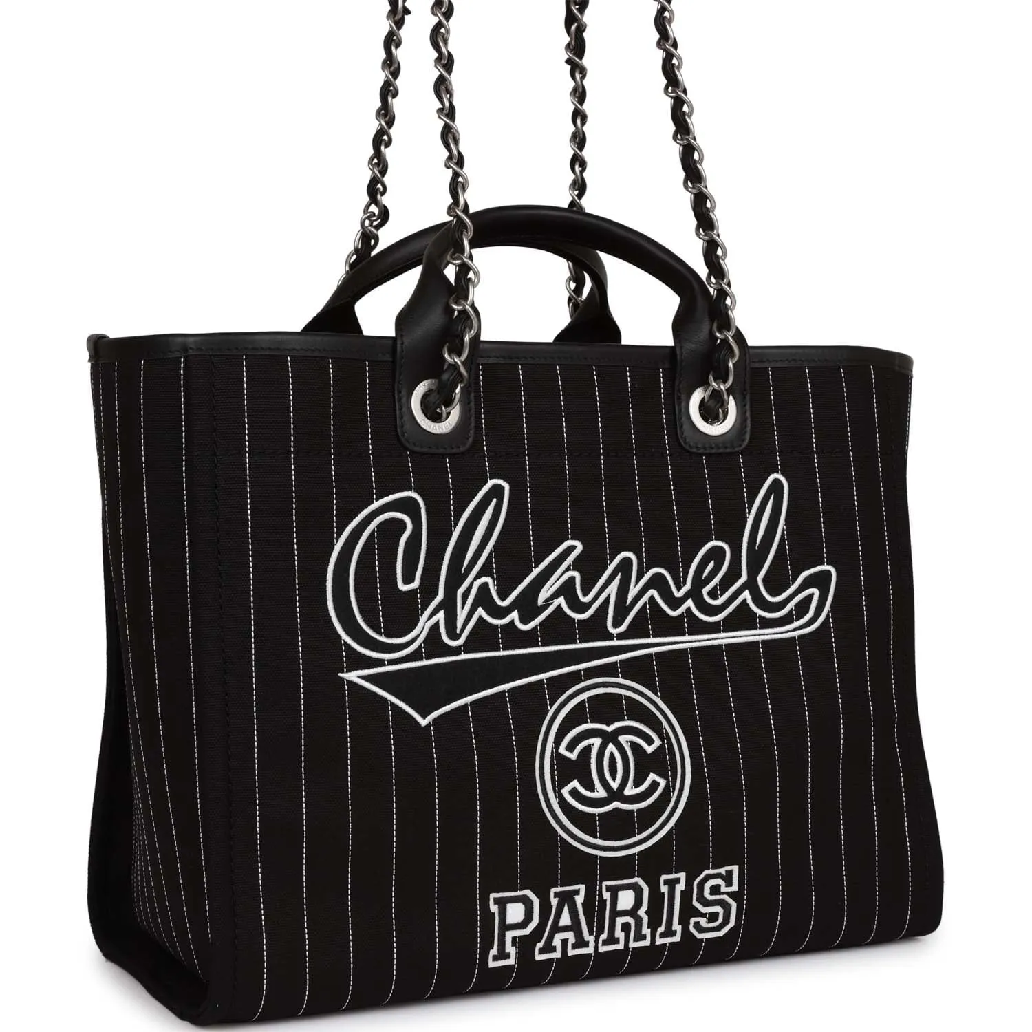 Chanel Large Deauville Tote - Black and White Pinstripe with Ruthenium Hardware