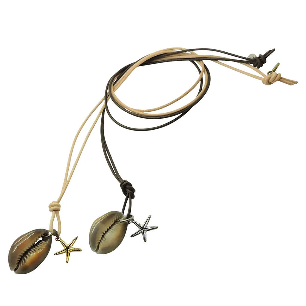 Cobra Cowrie Seashell Starfish Charm Duo Leather Cord Necklace