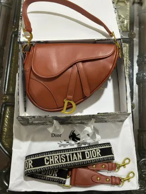 Womens Brown Dior Saddle Bag with Embroidered Long Strap