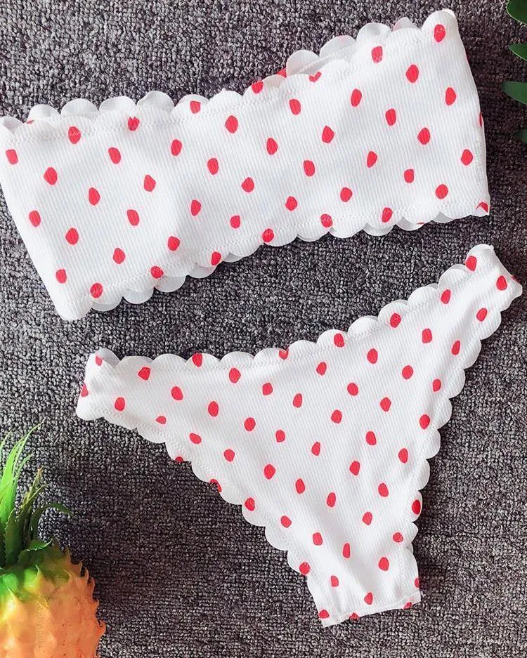 Dot Wave Lace Trim Bandeau Bikini Sets