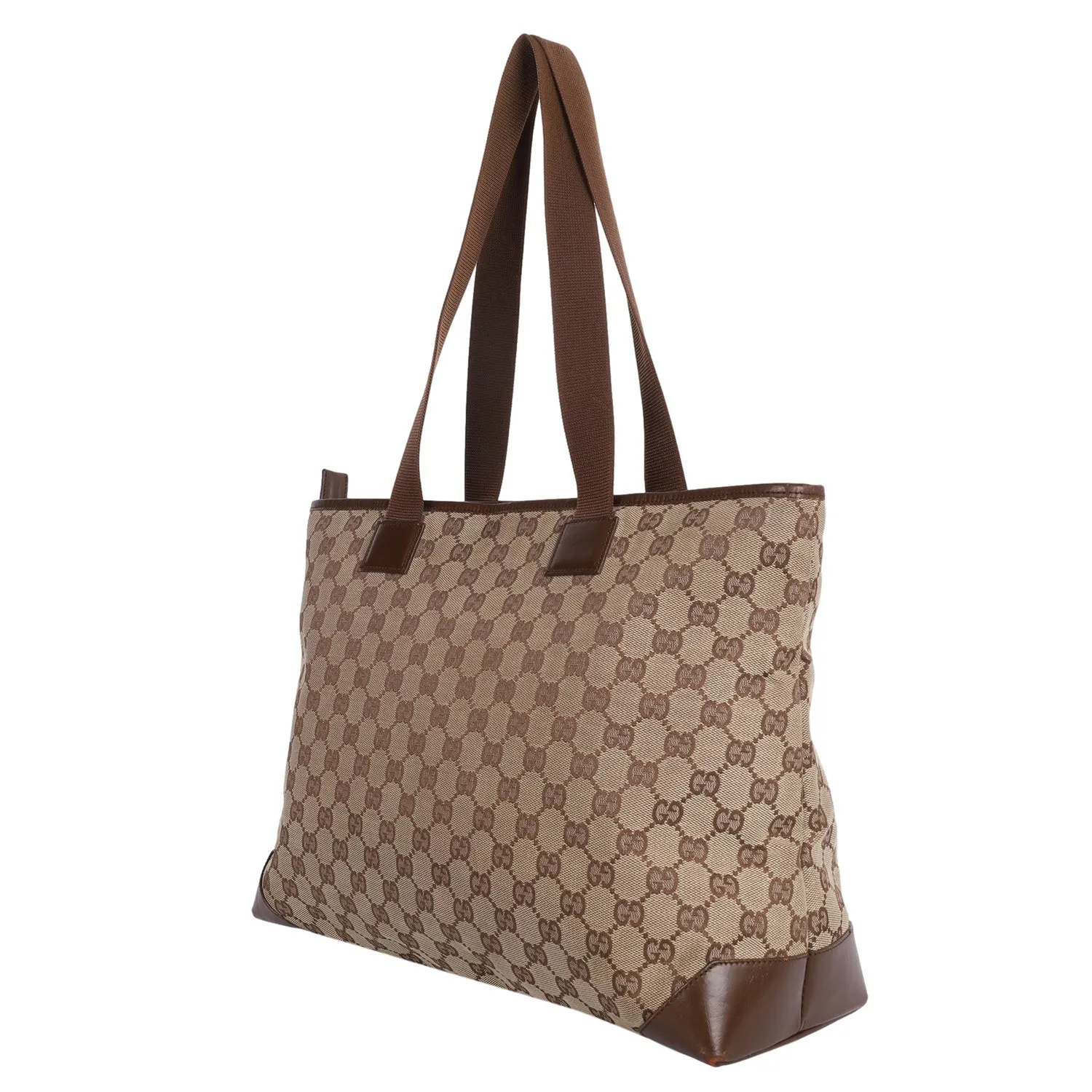 GG Monogram Canvas Leather Tote Shoulder Bag Brown (Authentic Pre-Owned)