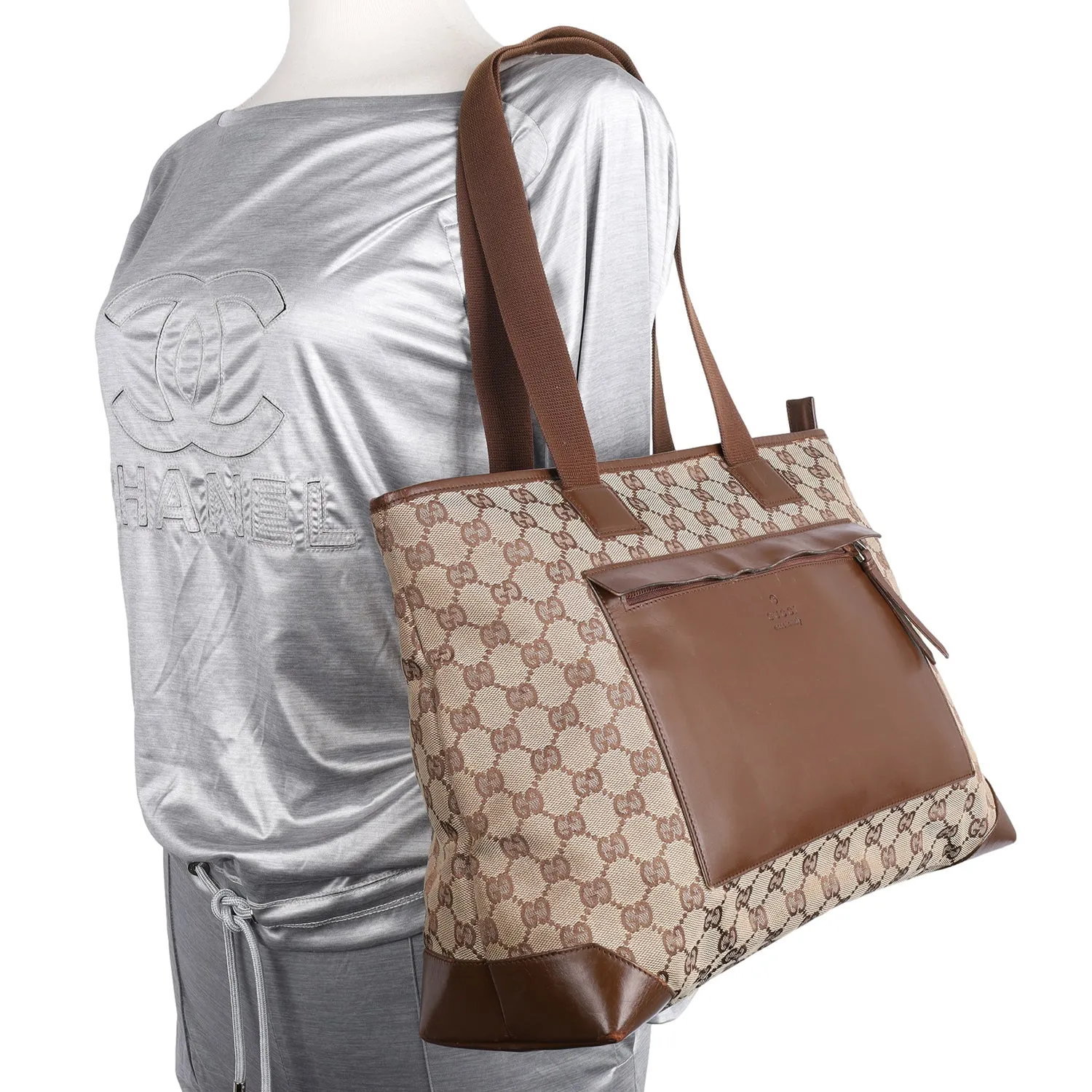 GG Monogram Canvas Leather Tote Shoulder Bag Brown (Authentic Pre-Owned)