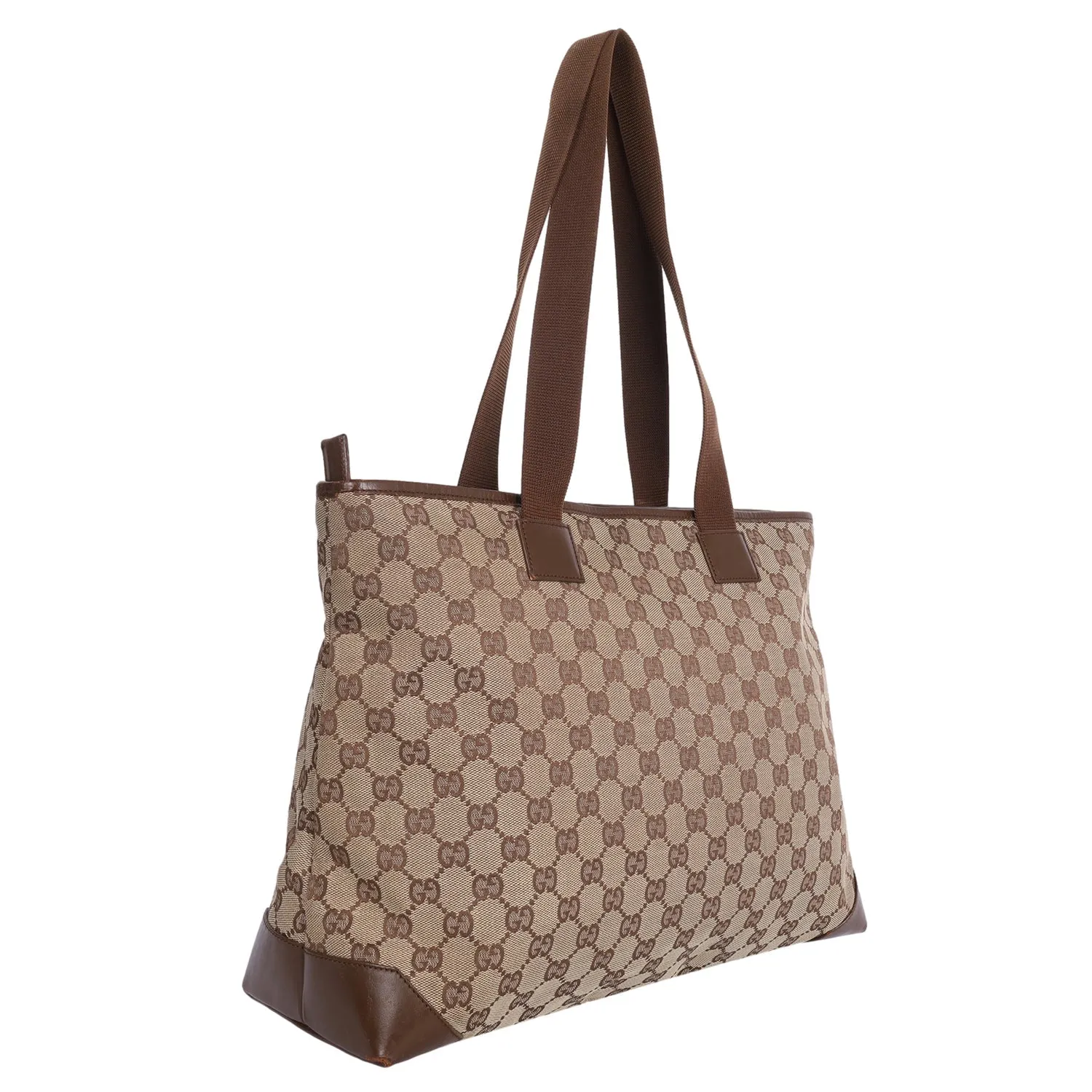 GG Monogram Canvas Leather Tote Shoulder Bag Brown (Authentic Pre-Owned)