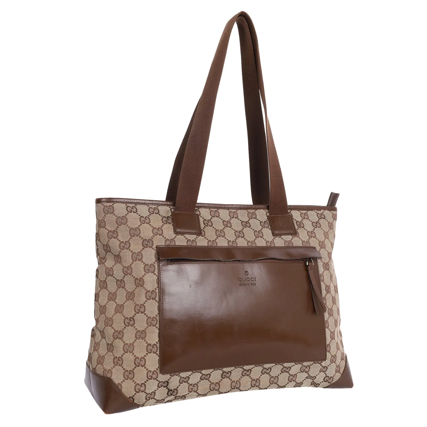 GG Monogram Canvas Leather Tote Shoulder Bag Brown (Authentic Pre-Owned)