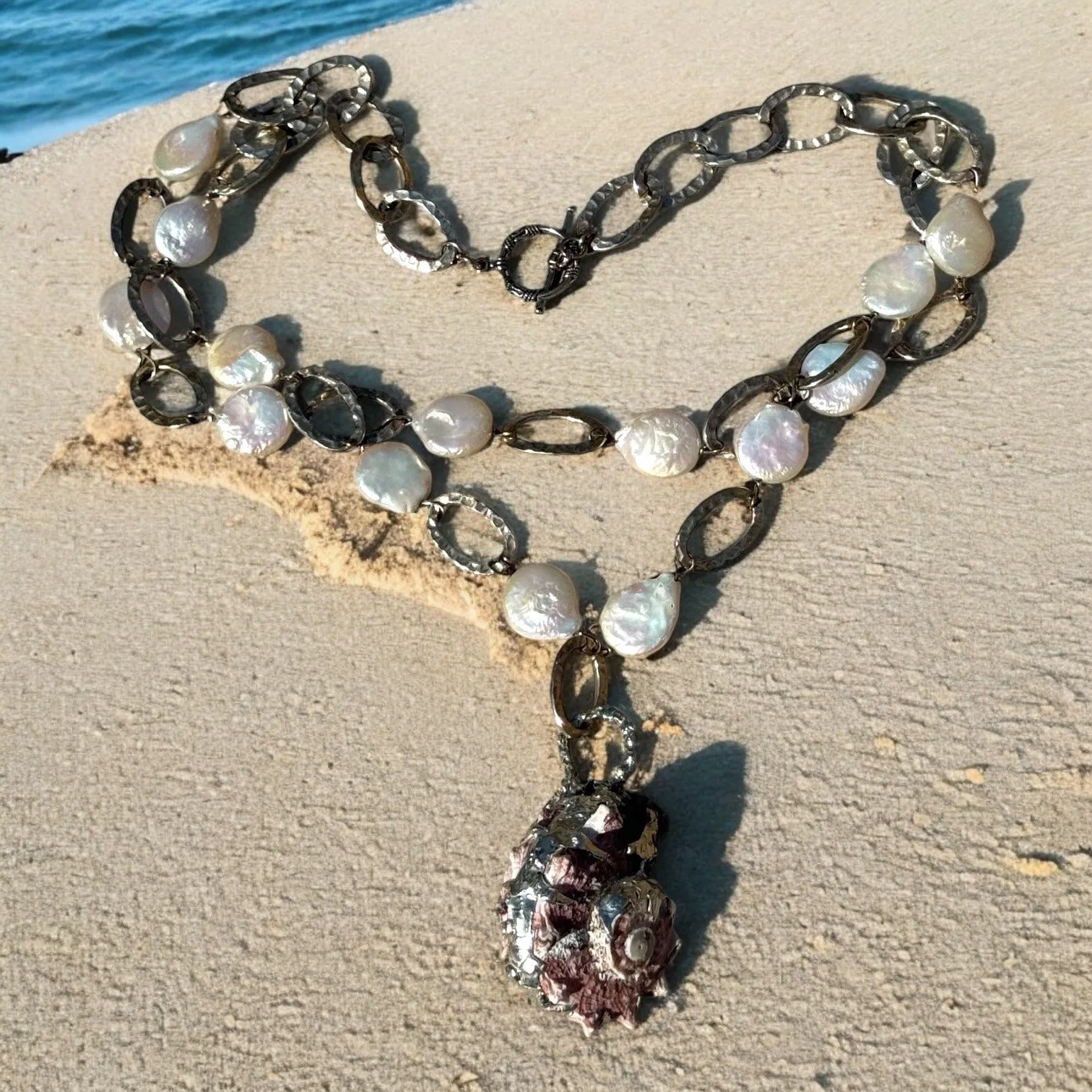 Handcrafted Conch Shell & White Keshi Teardrop Pearl Necklace W Silver Metalwork