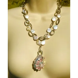 Handcrafted Conch Shell & White Keshi Teardrop Pearl Necklace W Silver Metalwork