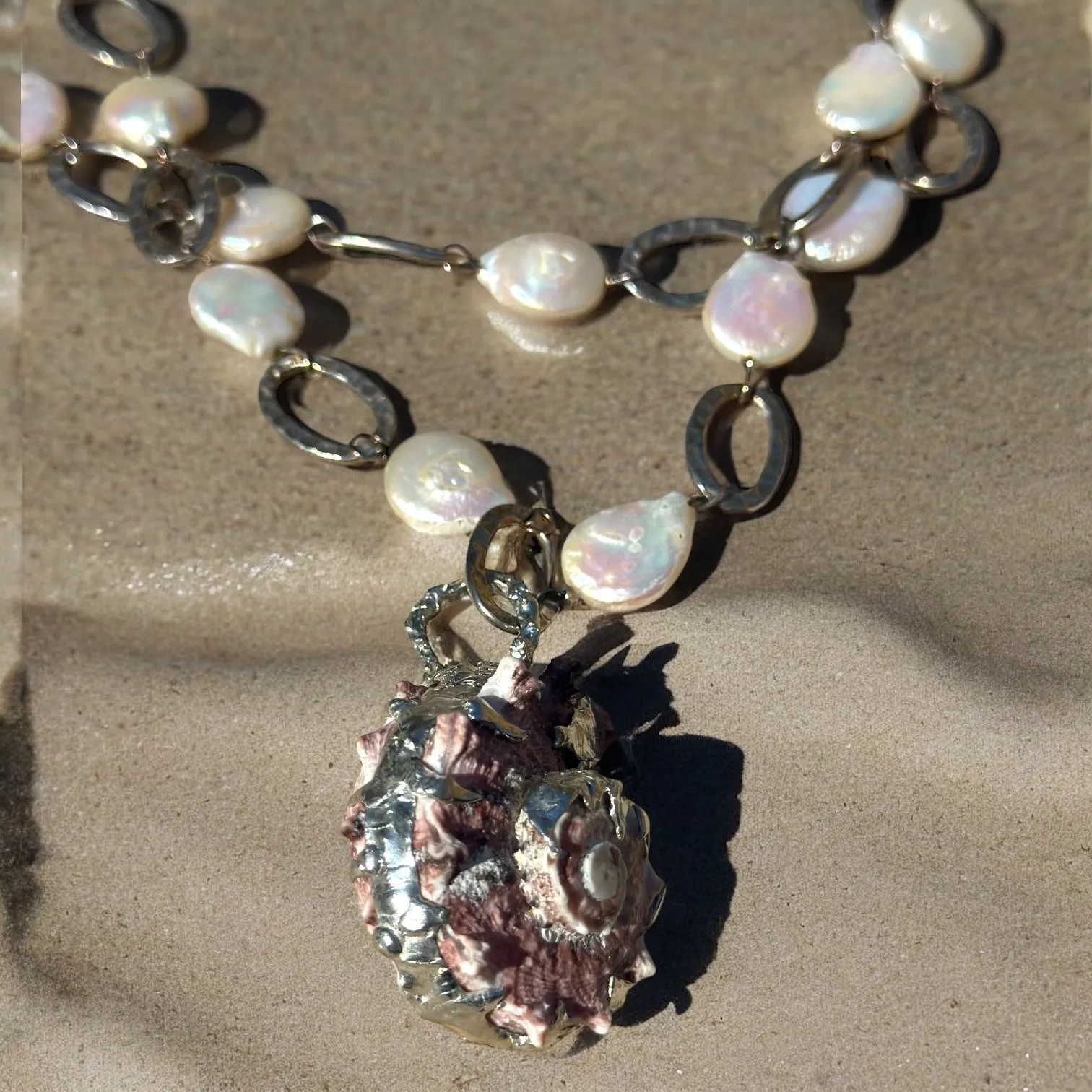 Handcrafted Conch Shell & White Keshi Teardrop Pearl Necklace W Silver Metalwork