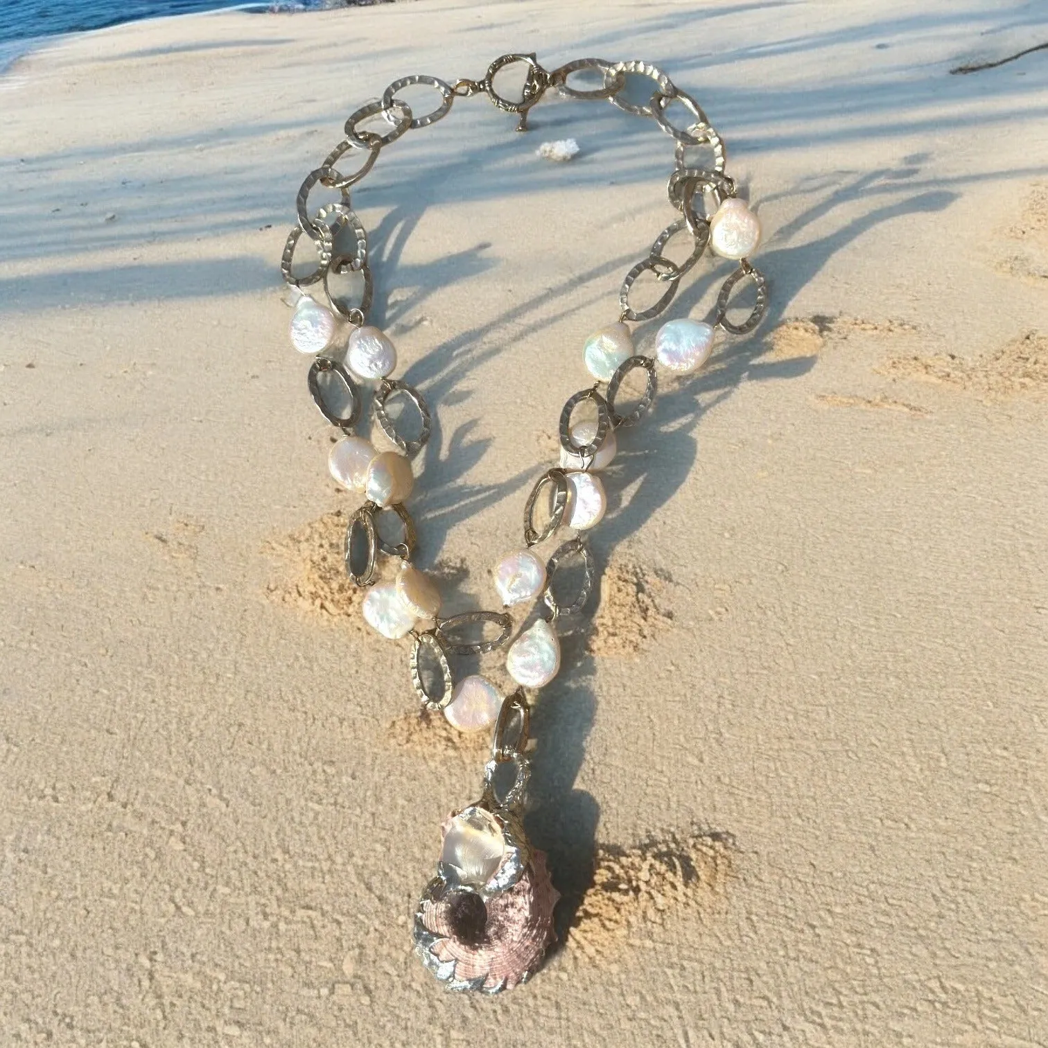 Handcrafted Conch Shell & White Keshi Teardrop Pearl Necklace W Silver Metalwork