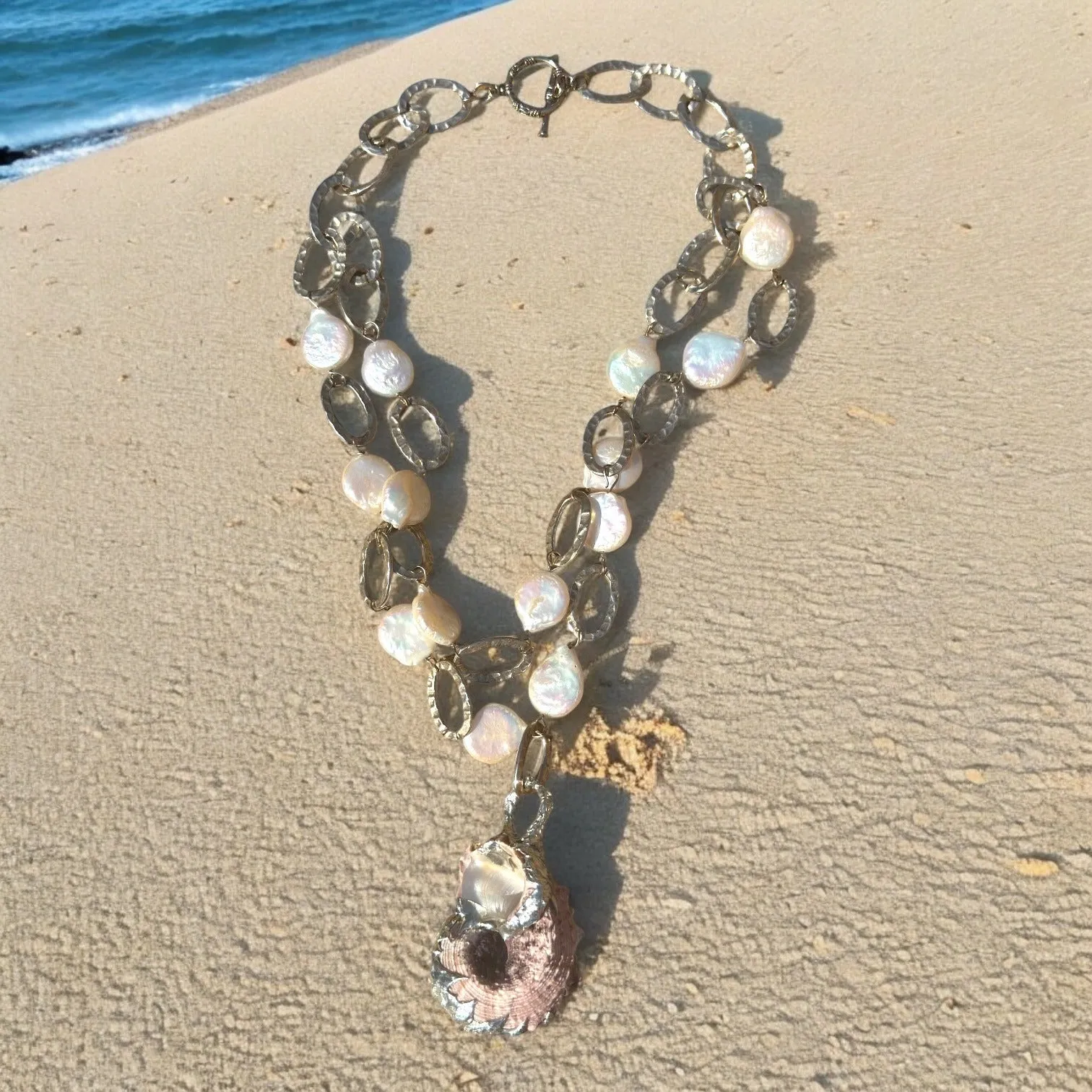 Handcrafted Conch Shell & White Keshi Teardrop Pearl Necklace W Silver Metalwork