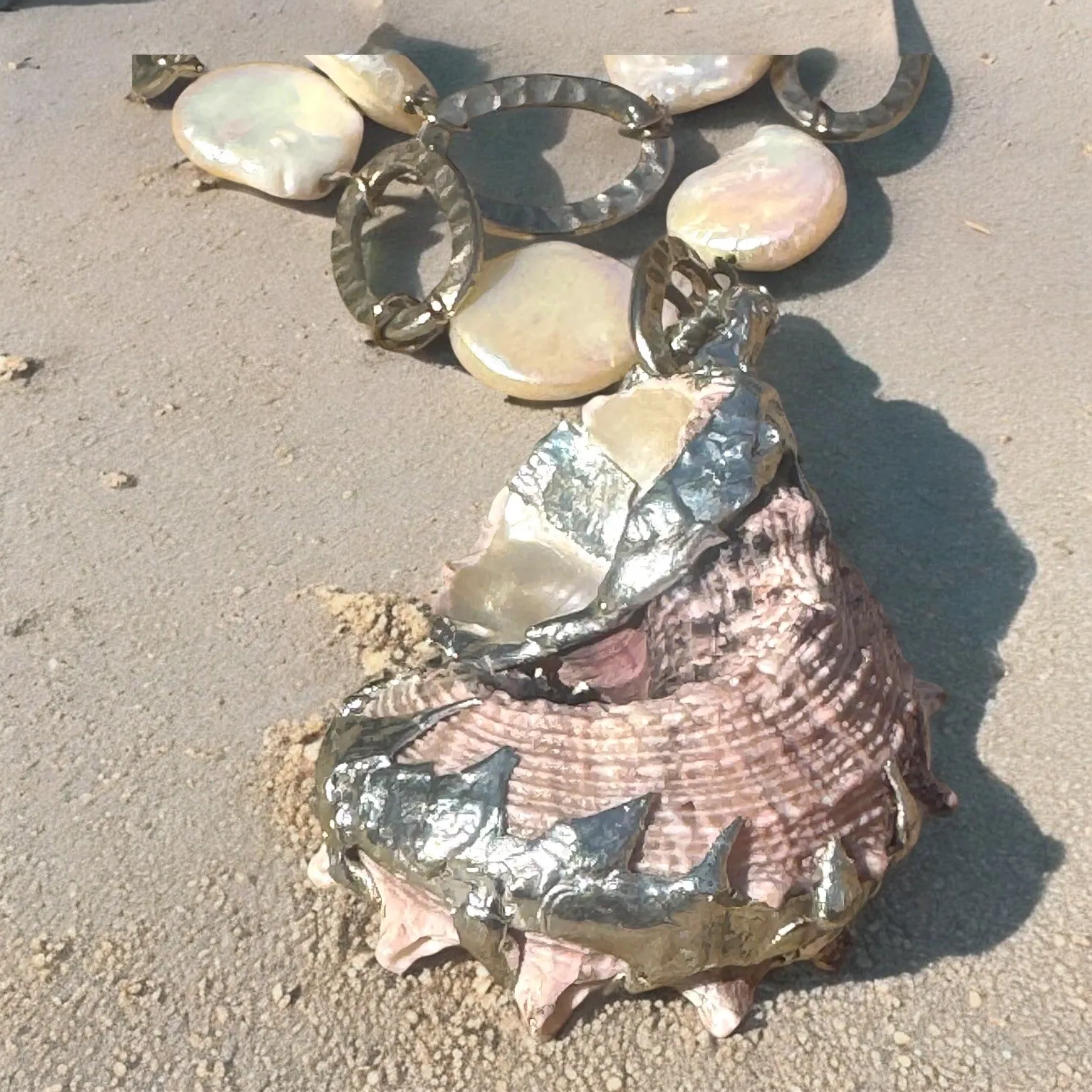 Handcrafted Conch Shell & White Keshi Teardrop Pearl Necklace W Silver Metalwork