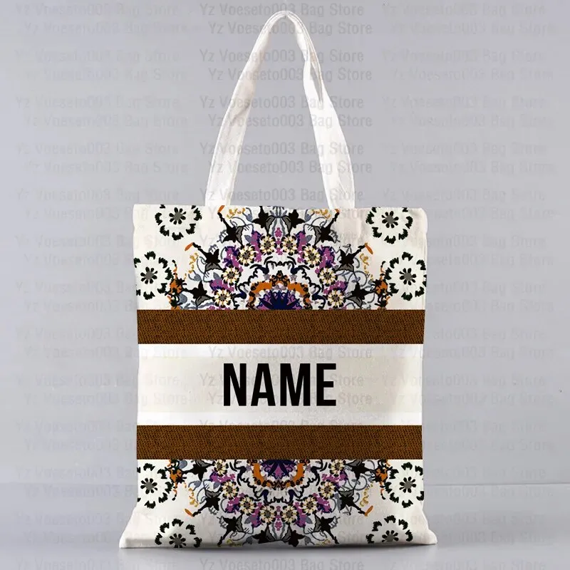 Personalized Custom Name Motto Text Bag Women's Canvas Tote Shopping Beach Travel Bags Square Big Large Book Bags Handbags