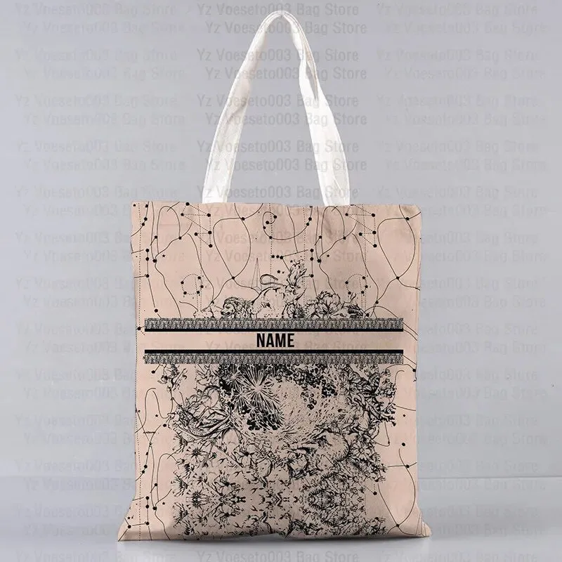 Personalized Custom Name Motto Text Bag Women's Canvas Tote Shopping Beach Travel Bags Square Big Large Book Bags Handbags