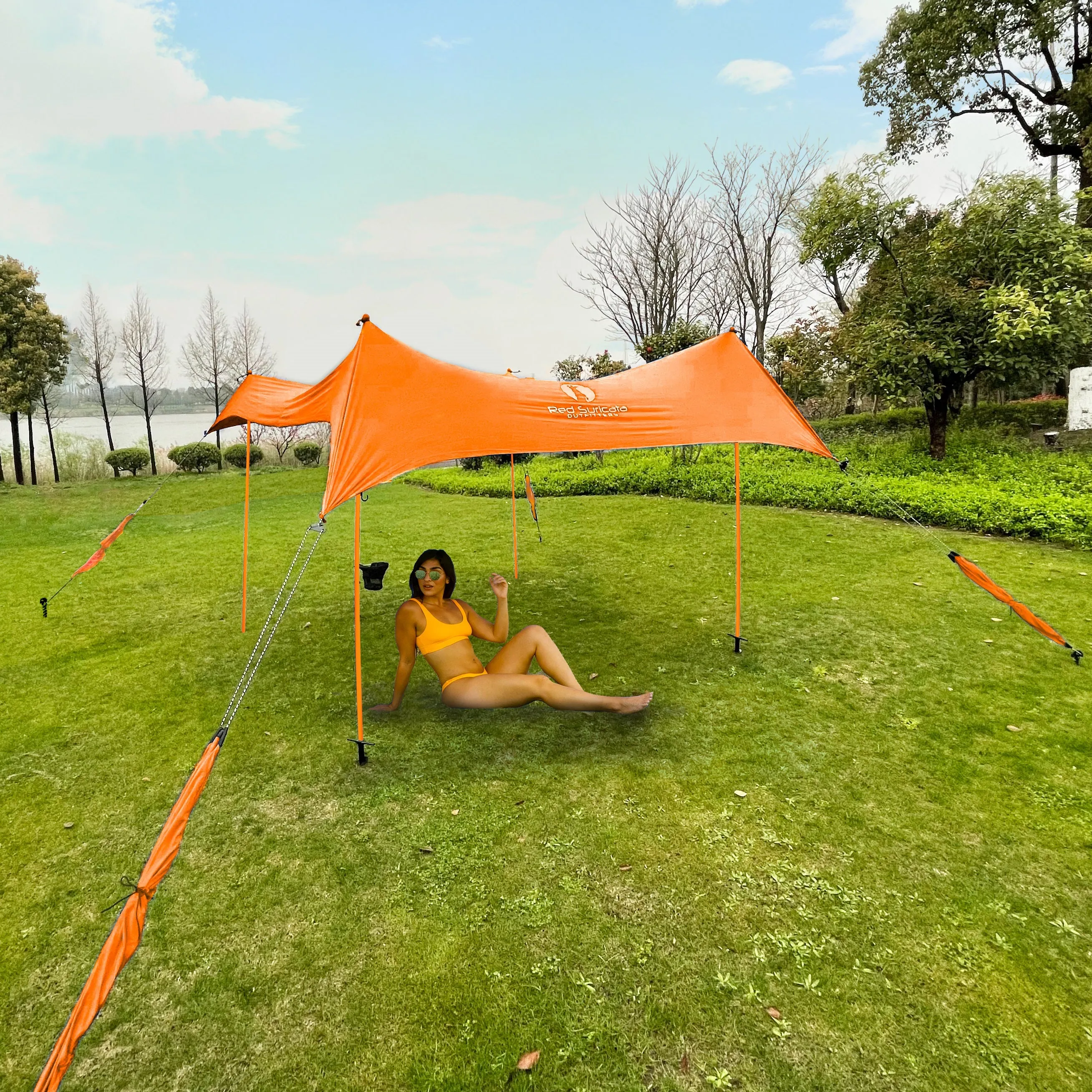 Red Suricata Orange Multi Terrain Sun Shade Canopy Tent Sunshade with sand bags & ground anchor screws