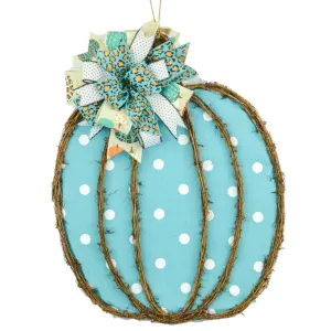 Turquoise Fall Decoration - Polka Dot Pumpkin Door Hanger Gifts - Fall Thanksgiving Grapevine Wreath - Halloween Door Hanger Oversized Bow Jute Burlap Door Decor; White Brown White