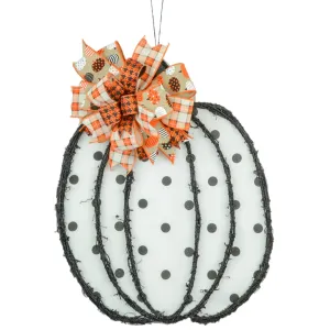 White Fall Decorations - Polka Dot Pumpkin Door Hanger - Whimsical Thanksgiving Grapevine Wreath - Halloween Door Hanger Oversized Bow Jute Burlap Door Decor