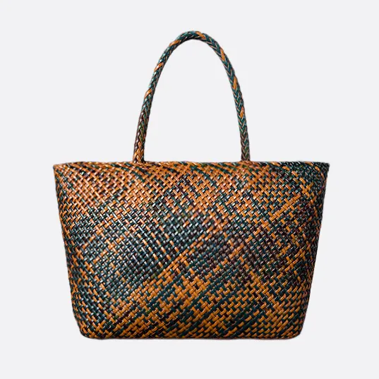 Women's handwoven genuine cowhide leather handbag Top Handle shopping tote V2