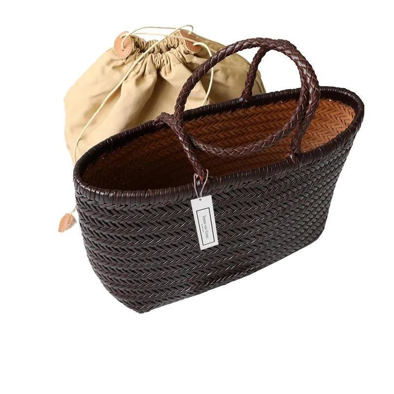 Women's handwoven genuine cowhide leather handbag Top Handle shopping tote