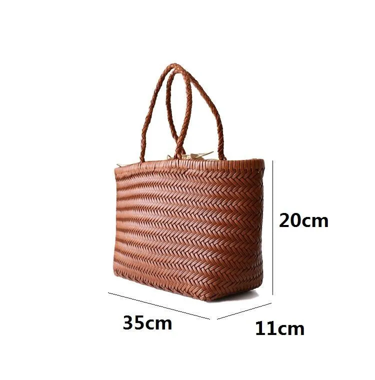 Women's handwoven genuine cowhide leather handbag Top Handle shopping tote