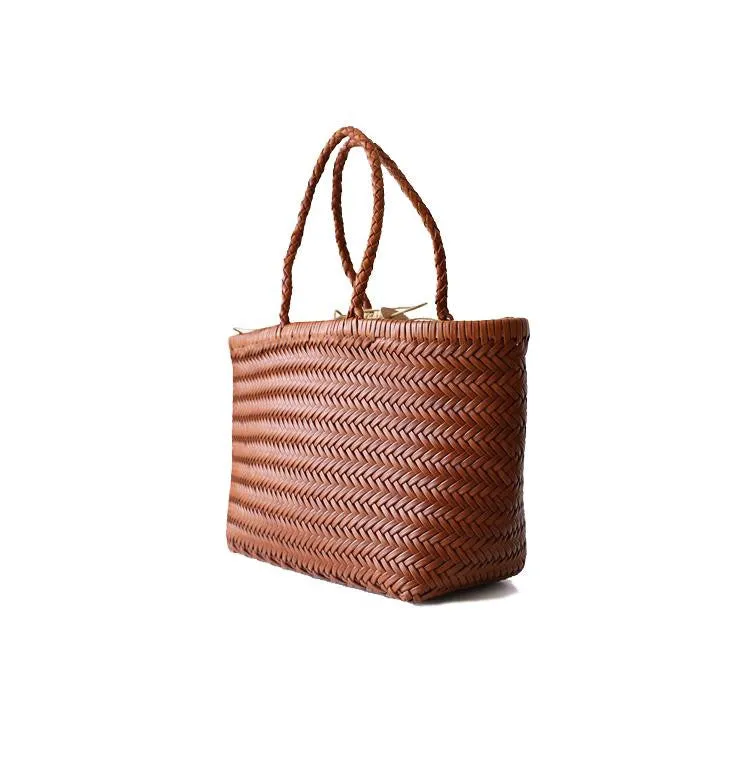 Women's handwoven genuine cowhide leather handbag Top Handle shopping tote