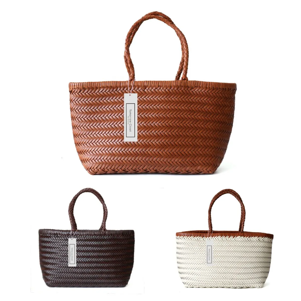 Women's handwoven genuine cowhide leather handbag Top Handle shopping tote