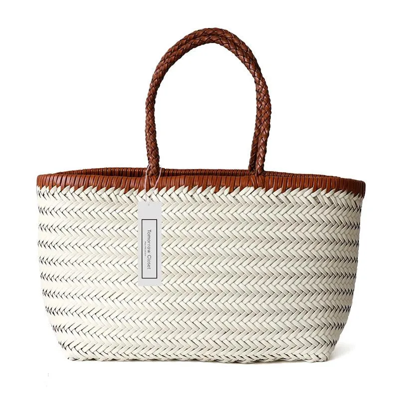 Women's handwoven genuine cowhide leather handbag Top Handle shopping tote